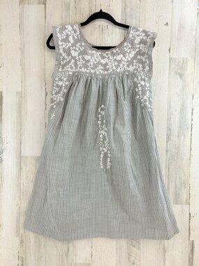 Mi Golondrina Sz S Short Dress Gray White Stripe Hand Embroidered Mexico